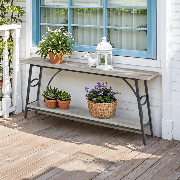 2-Tier Small Entryway Table with Shelf, Industrial Narrow Console Table for Living Room, Hallway, Bedroom, Gray/Brown