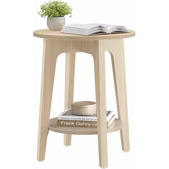 2-Tier Round End Table with Tapered Legs and Curved Design, Honey Brown Finish for Bedroom or Living Room