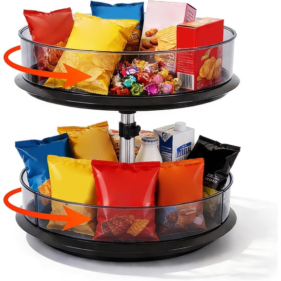 2 Tier Snack Carousel, Rotary Turntable Organizer for Snack Bar Organizer and Snack Display, Countertop & Under Sink Organizer for Snack Storage, Tray has Removable Dividers, Easy Assembly