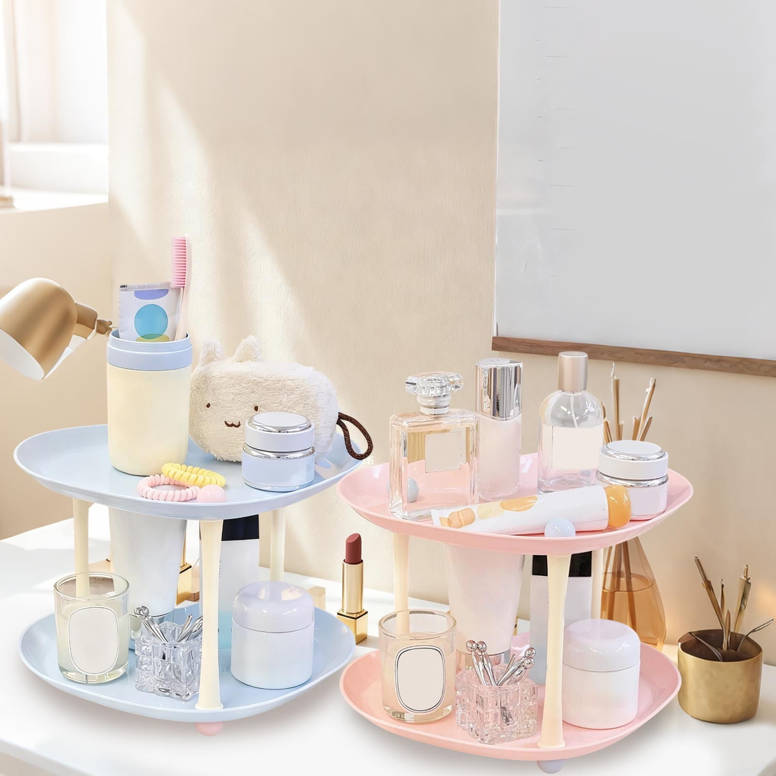 2-Tier Snack Organizer Tray Rack, Plastic Countertop Storage Shelf with ...