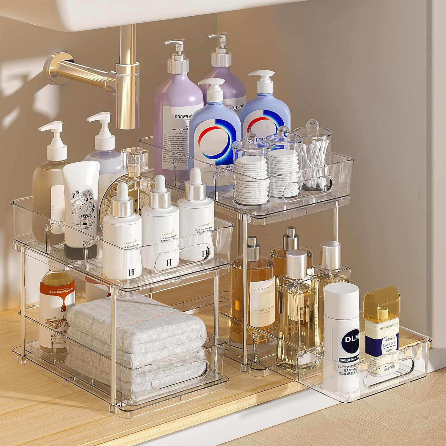 2 Tier Snap-Lock Bathroom Under Sink Organizers and Storage, Multi-Purpose Cabinet Drawers with Movable Dividers, Pull Out Organization for Countertop, Kitchen and Pantry(Clear, 2 Pack)