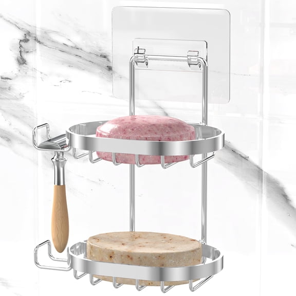 2 Tier Soap Dish Holder, Soap Bar Holder with Hooks, Shampoo Bar Caddy for Shower Wall, Razor Holder