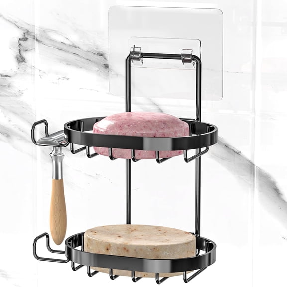 2 Tier Soap Dish Holder, Soap Bar Holder with Hooks, Shampoo Bar Caddy for Shower Wall, Razor Holder