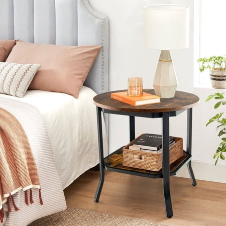 2-Tier Sofa End Side Table Nightstand Round Tabletop for Living Room