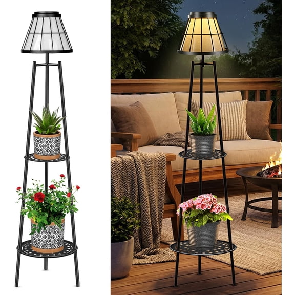 2-Tier Solar Plant Stand with Light, Modern Outdoor Floor Lamp with Classic Grid Lantern, Waterproof Tall Metal Planter Display Rack for Patio, Porch, Balcony, Garden Decor (2 Pack)