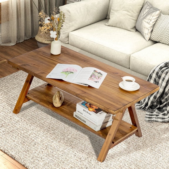 42.5 Rustic Solide Wood Coffee Table with Shelf, Coffee Center Table for Living Room, Mid Century Modern Rectangle, Oak
