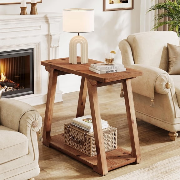 2-Tier Solid Wood End Table, Narrow Side Table, Rectangle Farmhouse Nightstand for Living Room, Bedroom, Trapezoidal Base (Natural Brown)