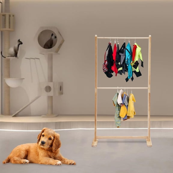 2-Tier Solid Wood Pet Clothing Display Stand, 43.3" Height Natural Log Color Garment Rack for Small Dog Cat Clothes, Adjustable Rod for Towels, Boutique Store & Home Storage Organizer