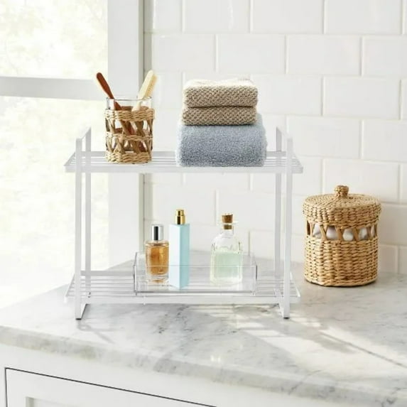 2 Tier Space Saving Vanity Organizer Rust Resistant Steel Construction Countertop Cabinet Storage for Bathroom Canisters Bottles Washcloths with Top Handles