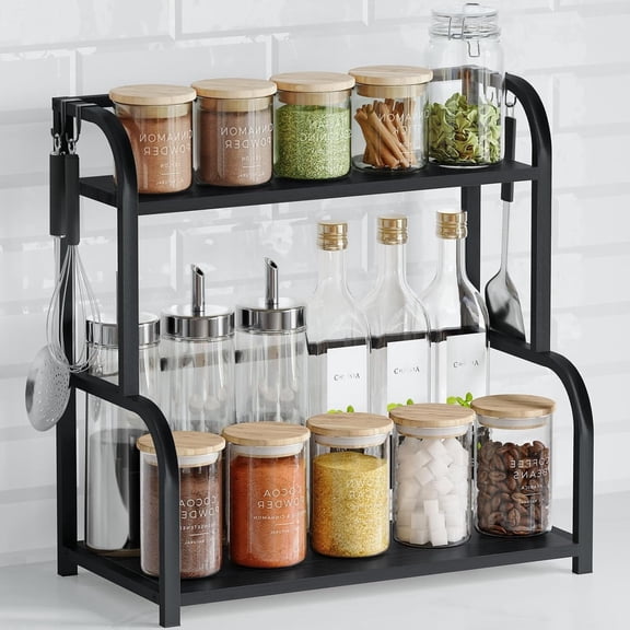 2-Tier Spice Rack Countertop Shelf Organizer Counter Organizer, Countertop Storage Shelf for Kitchen, Coffee(Black+Black walnut)