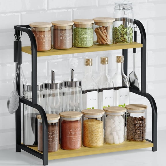 2-Tier Spice Rack Countertop Shelf Organizer Counter Organizer, Countertop Storage Shelf for Kitchen, Coffee(Black Light walnut)