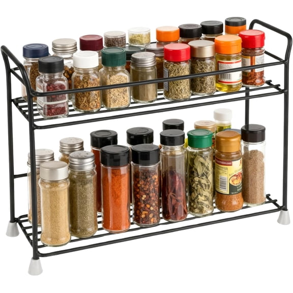 2 Tier Spice Rack Organizer for Countertop Sturdy Metal Standing Spice Storage Shelf Rack Seasoning Organizer Holder for Home Kitchen Cabinet Bathroom Bedroom Pantry Vanity Black