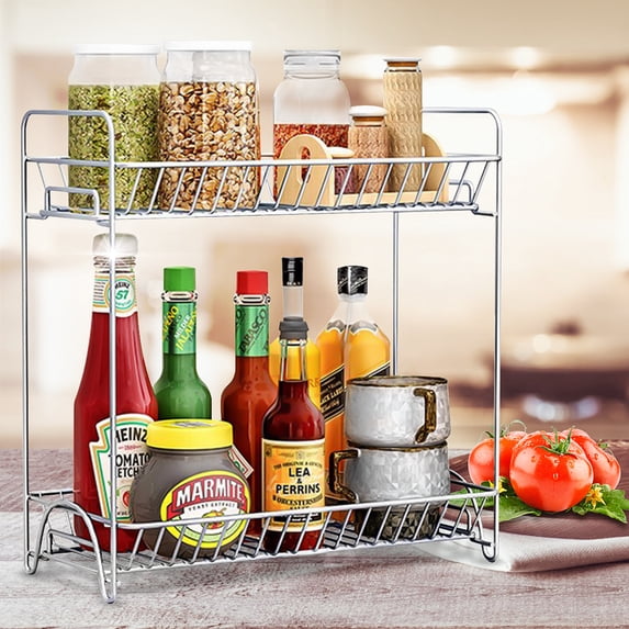 2-Tier Spice Rack Stainless Steel, Kitchen Cabinet Organizer Kitchen Storage Rack Sauce Bottle Organizer, Space Saver Life Helper - 15 inch x 15 inch x 5.5 inch
