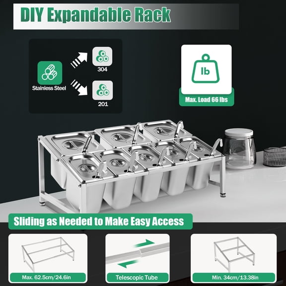2-Tier Spice Rack Stainless Steel Seasoning Organizer 5X 1/9 Pans&3X 1/6 Pans for Home&Commercial Kitchens