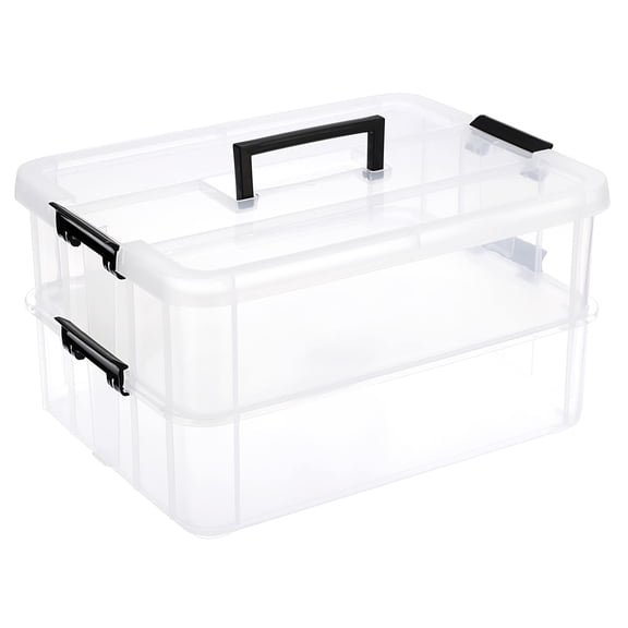 2-Tier Stackable Black Plastic Storage Container with Handle for School and Office Supplies