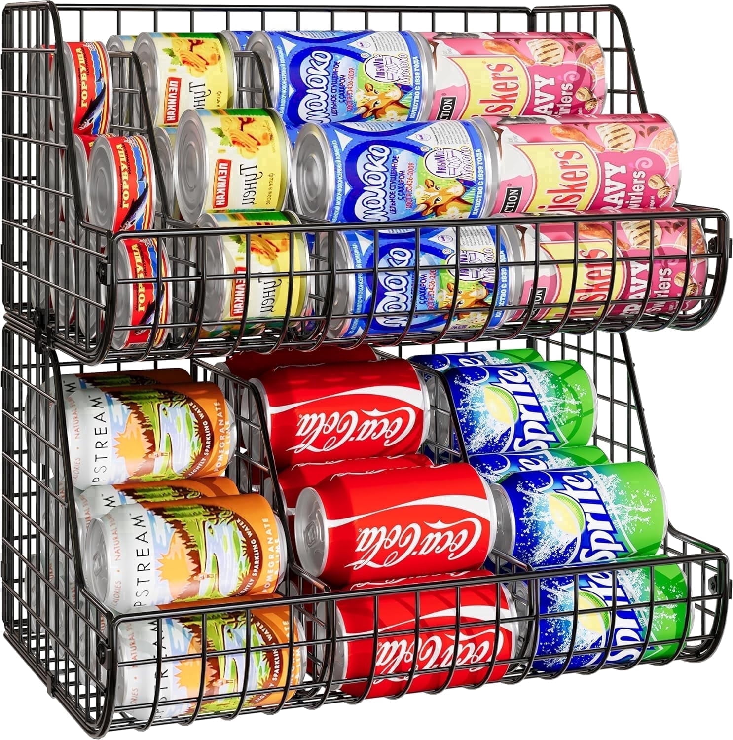 X-COSRACK 2-Pack Stackable Can Organizer for Pantry, Foldable Metal Wire Soda Dispenser with Adjustable Dividers, Black