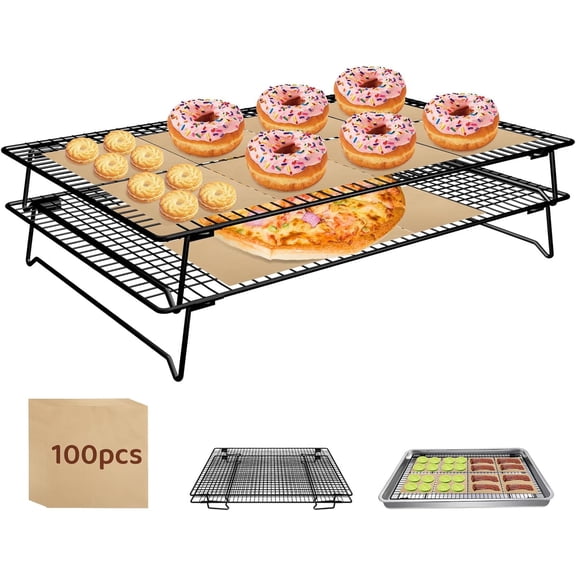 2 Tier Stackable Cooling Rack for Cooking and Baking, Wire Baking Sheet w/100 Parchment Papers, 16.7" x 11" Cookie Pizza, Bread,Cake,Veggie,Jerky, Drying