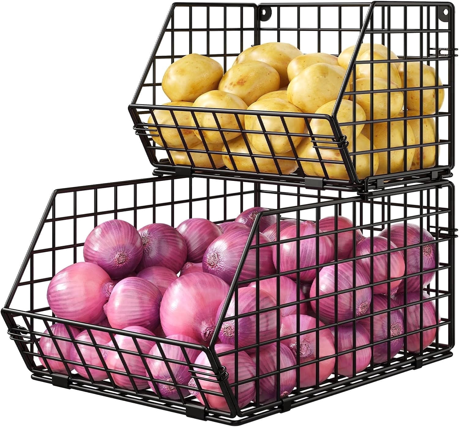 XCOSRACK 2-Tier Stackable Fruit Basket for Kitchen Counter, Metal Wire Produce & Snack Storage Bin, Freestanding Potato and Onion Pantry Organizer, Black
