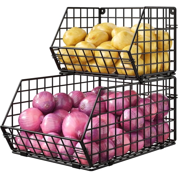XCOSRACK 2-Tier Stackable Fruit Basket for Kitchen Counter, Metal Wire Produce & Snack Storage Bin, Freestanding Potato and Onion Pantry Organizer, Black