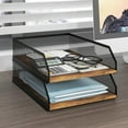 thumbnail image 1 of 2-Tier Stackable Paper Tray, Metal Mesh Desktop Organizer, Wood Board Paper Sorter, Letter Trays,File Document Storage Rack for for Home, Office, School (Retro), 1 of 14