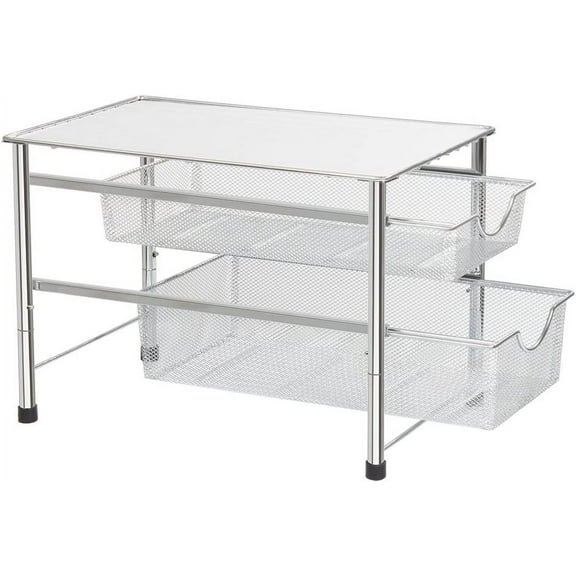 2 Tier Stackable Sliding Cabinet Basket Organizer Drawer Storage Rack, Silver