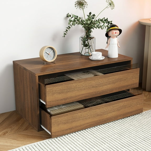 2-Tier Stackable Storage Cabinet with 2 drawers for Small Space,Walnut