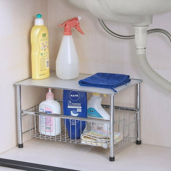 2 Tier Stackable Under Sink Cabinet Shelves Sliding Basket Organizer Drawer Rack