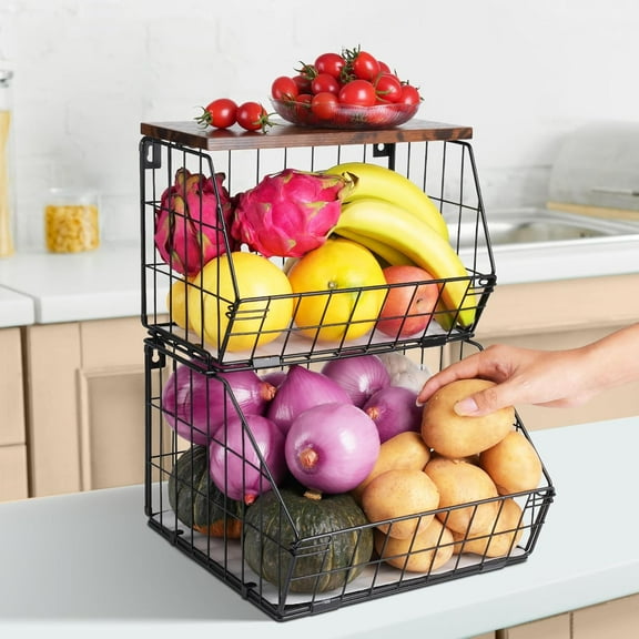 2 Tier Stackable Wall Mounted Hanging Basket, Fruit Basket for Kitchen Counter, Storage Bin with Wood Lid, Onion Storage, Fruit and Vegetable Storage, Countertop Organizer