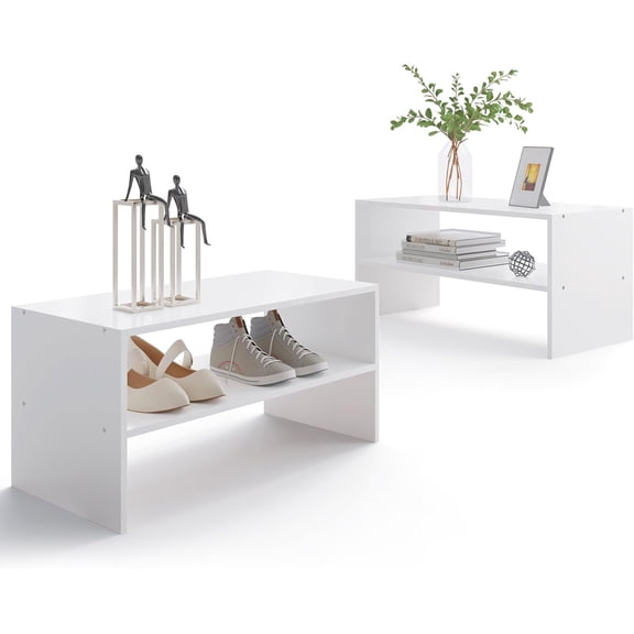 2-Tier Stackable White Shoe Rack, Wooden 2-Shelf Shoe Organizer Freestanding Shoe Storage Stand for 6-9 Pairs, for Closet, Entryway, Office Use - White(Pack of 2)