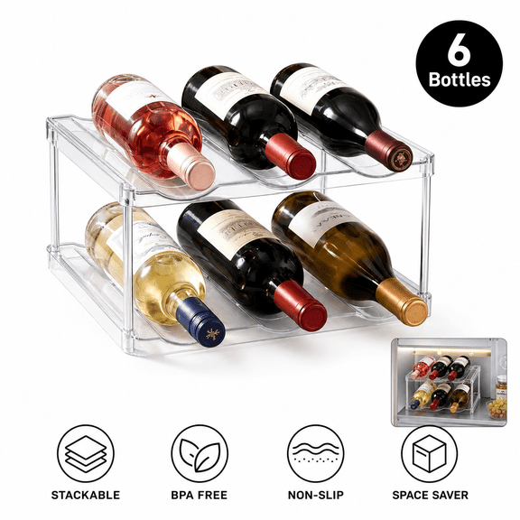 2-Tier Stackable Wine Rack Clear Acrylic Wine Bottle Holder holds 6 Bottles for Refrigerator Cabinet Kitchen