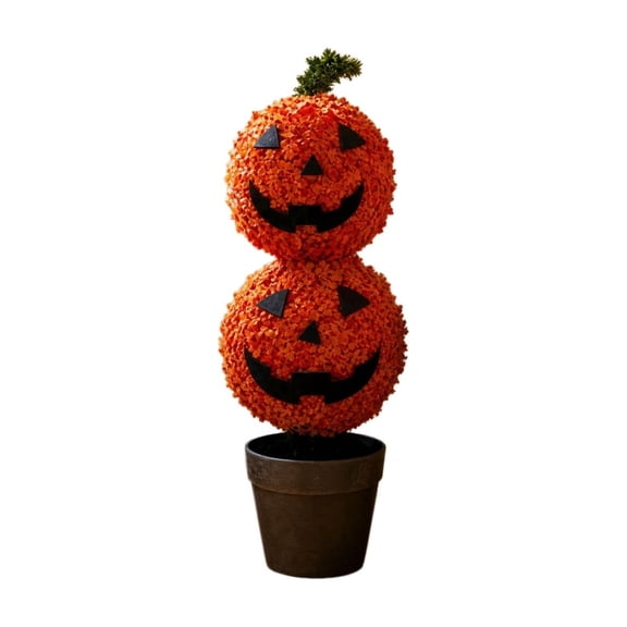 2 Tier Stacked Artificial Pumpkin Topiary, Fade Free No Maintenance Weighted Anti Tip Pot Classic Jack O Lantern Face Design, Fall Entryway Decor For Front Porch Foyer Indoor Halloween Display