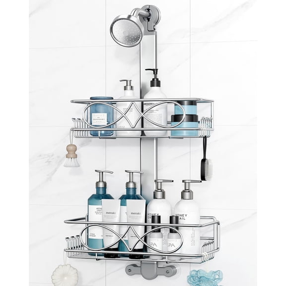 2 Tier Stainless Steel Anodized Aluminum,Height-Adjustable Rustproof Shower Caddy Hanging Anti-Swing-Over The Shower Head Caddy-Bathroom Showe r Storage Organizer With Soap Box Holder