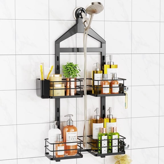 2 Tier Stainless Steel Anodized Aluminum,Height-Adjustable Rustproof Shower Caddy Hanging Anti-Swing-Over The Shower Head Caddy-Bathroom Showe r Storage Organizer With Soap Box Holder