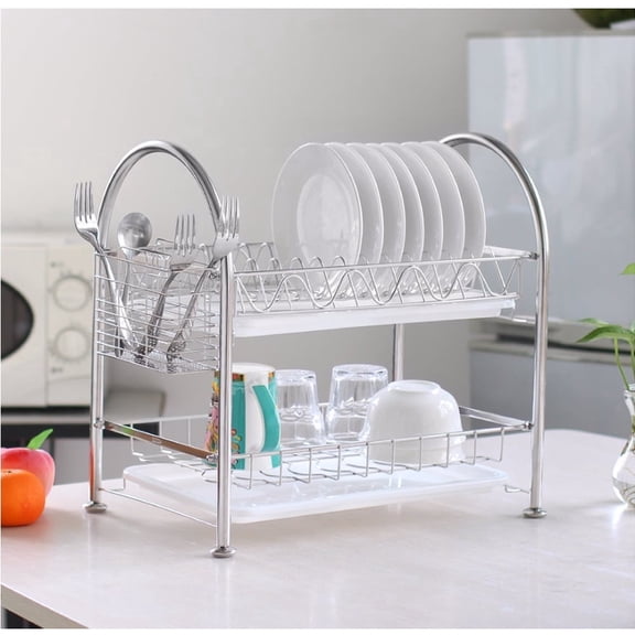 2‑Tier Stainless Steel Dish Drying Rack, 304 Stainless Steel Kitchen Organizer with Removable Trays, Drainboard & Utensil Holder