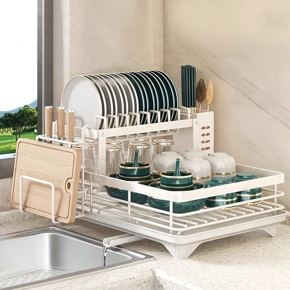 2 Tier Stainless Steel Dish Drying Rack, Black Heavy Duty Kitchen Counter Drain Rack with Large Capacity Storage