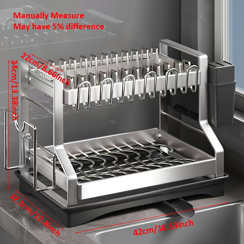 2-Tier Stainless Steel Dish Drying Rack - Compact Space-Saving Kitchen ...