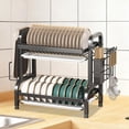 thumbnail image 1 of 2-Tier Stainless Steel Dish Drying Rack, Space-Saving Kitchen Organizer for in/Over Sink/Counter, with Removable Drain Tray & Cutlery Holder & Utensil Holder, Black, 1 of 6