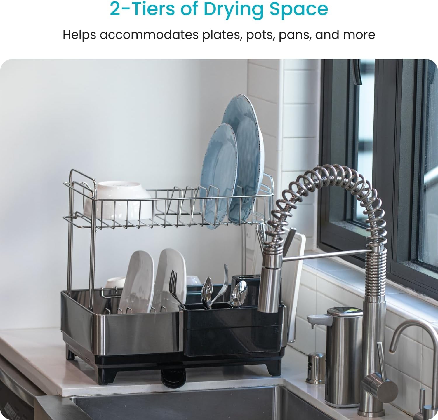 2-Tier Stainless Steel Dish Drying Rack with Drain Pipe and Utensil ...