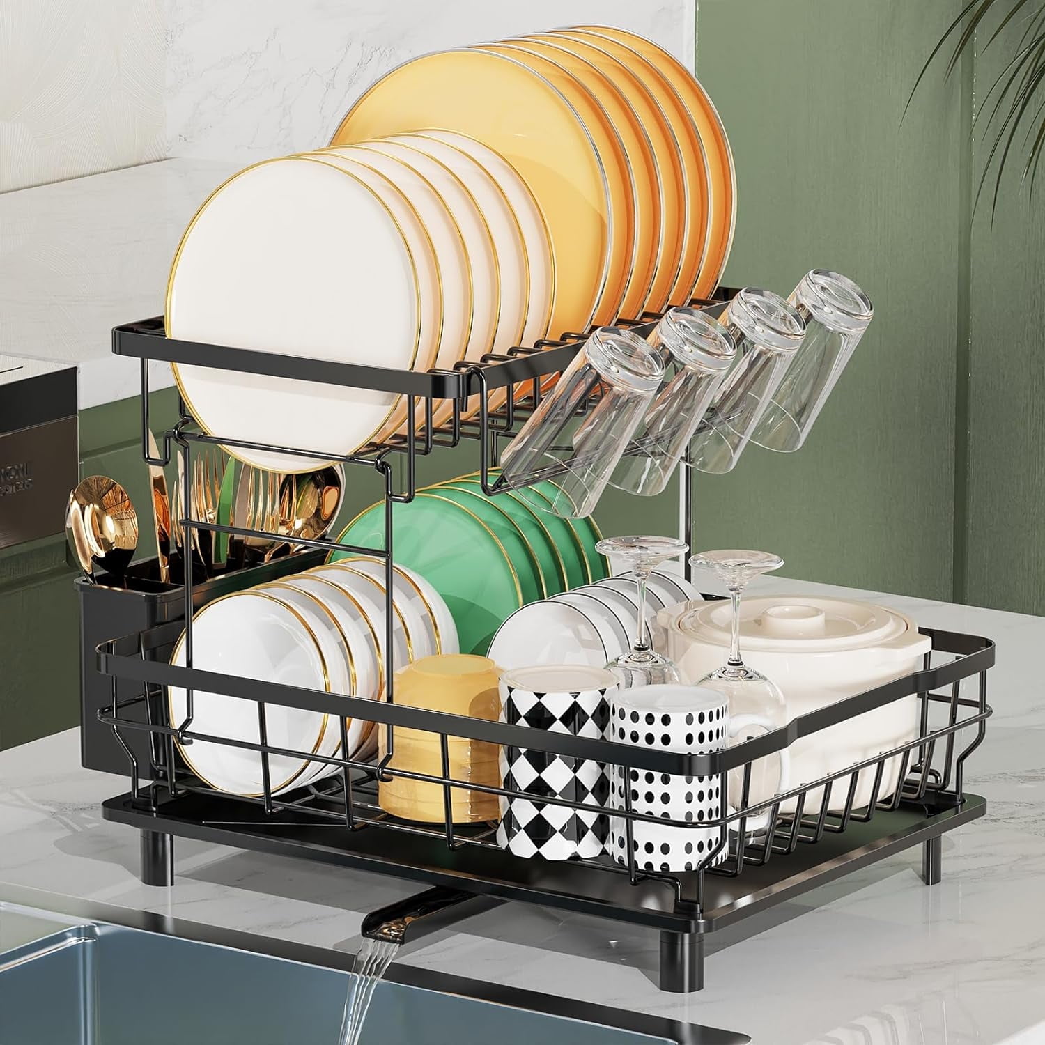 Stainless Steel 2-Tier Dish Rack with Drainboard for Kitchen - Main Image