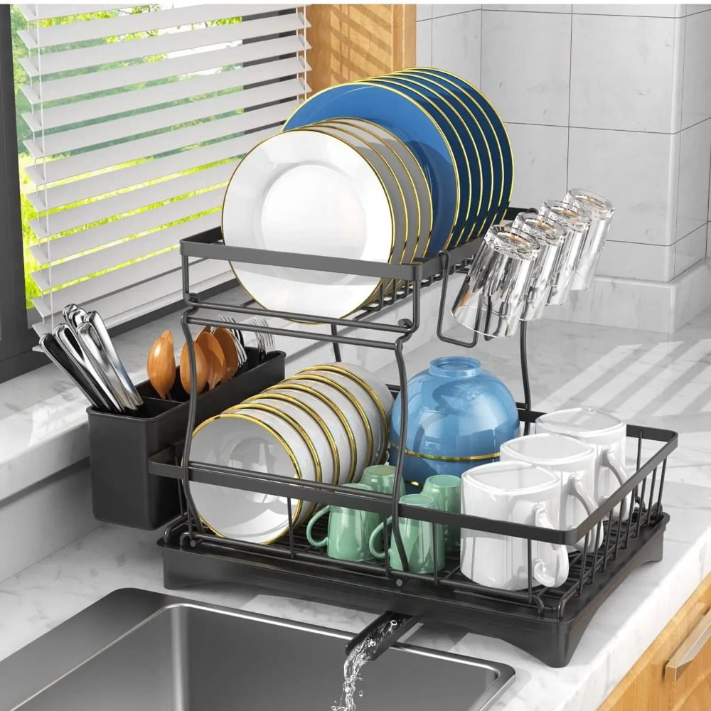 2-Tier Stainless Steel Dish Rack - Multifunctional Kitchen Organizer ...