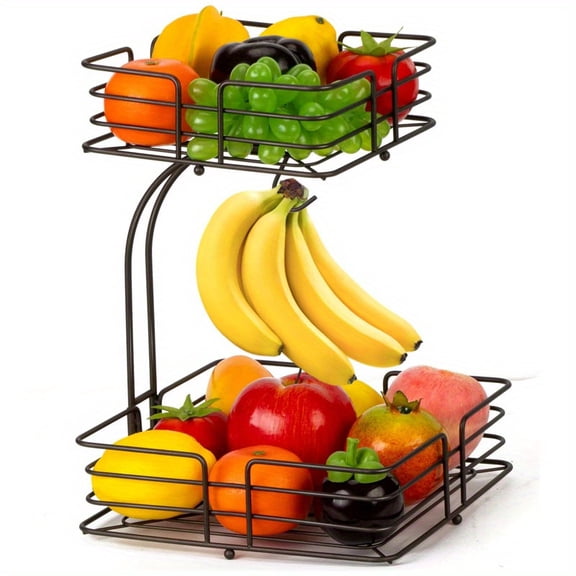 2-Tier Stainless Steel Fruit Basket with Banana Hanger | Detachable Kitchen Counter Organizer for Fruits/Veggies/Bread/Snacks | Space-Saving Fresh Produce Storage