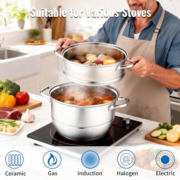 2-Tier Stainless Steel Induction Steamer Pot (30cm/11.8Inch) - Large Food Steamer for Dumplings, Buns & Dim Sum - Dishwasher Safe with Even Heat Distribution