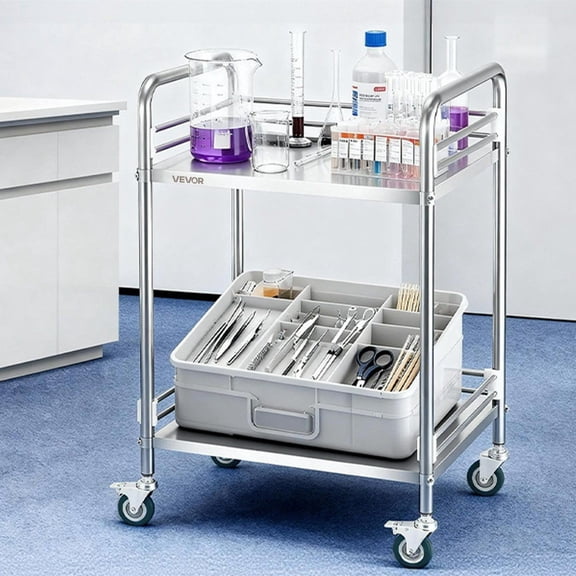 2 Tier Stainless Steel Rolling Cart Lockable Wheels Heavy Duty Utility Trolley for Hospital Kitchen Salon