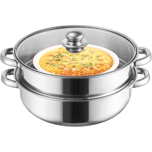 2 Tier Stainless Steel Steamer Pot with Glass Lid, 11 Inch Thickened Steaming Pot Set, 2 Qt Stackable Steam Cooker with Insert for Vegetables, Dumplings, Soup, Compatible with All Stovetops