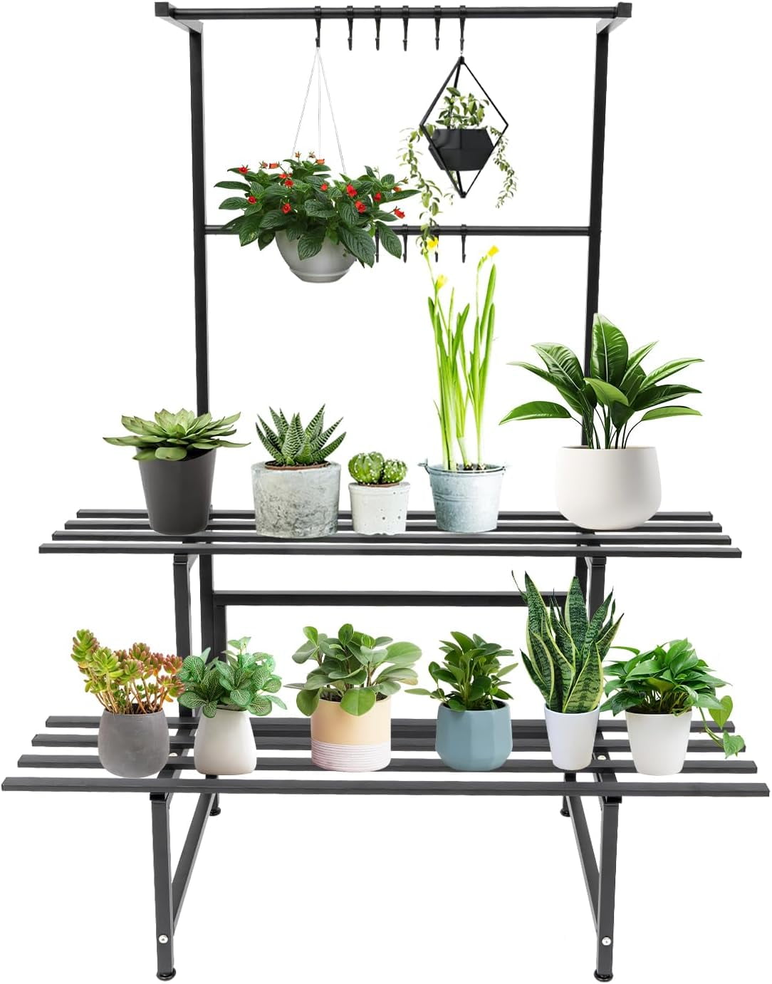 2 Tier Stand with Hanging Bar, Ladder Shelf Indoor/Outdoor Shelves ...