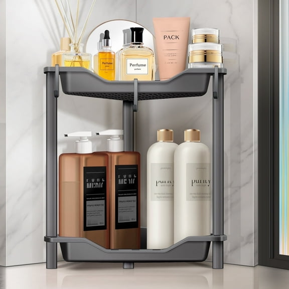 2 Tier Standing Shower Caddy for Bathroom Organizer: Rustproof Corner Shower Shelves Storage with Large Capacity - Shower Organizer Rack for Bathroom Essentials, Gray