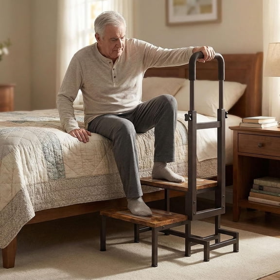 2-Tier Step Stool for Adults with Handles,Heavy Duty Bed Steps for Elderly-Bed Stools with Adjustable Handrails and Non-Skid Platform (Brown)