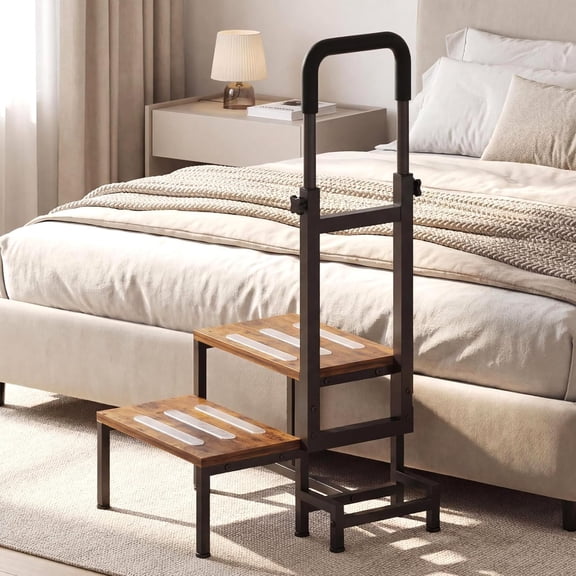 2-Tier Step Stool for Adults with Handles,Heavy Duty Bed Steps for Elderly-Bed Stools with Adjustable Handrails and Non-Skid Platform (Brown)
