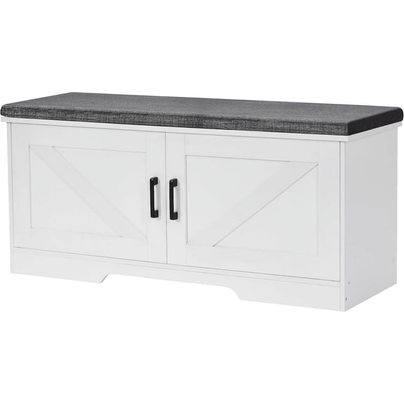 2-Tier Storage Bench, 27.6" Wide Shoe Bench with Padded Seat Cushion, Entryway Bench with 2 Barn Doors and Adjustable Shelf, Greige