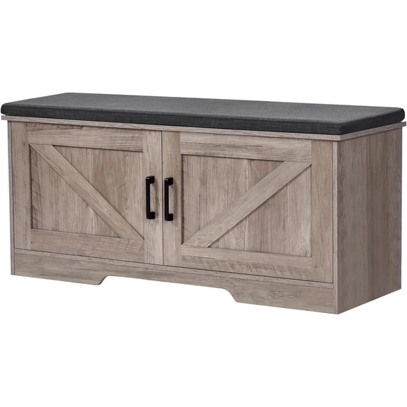 2-Tier Storage Bench, 39.4" Wide Shoe Bench with Padded Seat Cushion, Entryway Bench with 2 Barn Doors and Adjustable Shelf, Greige